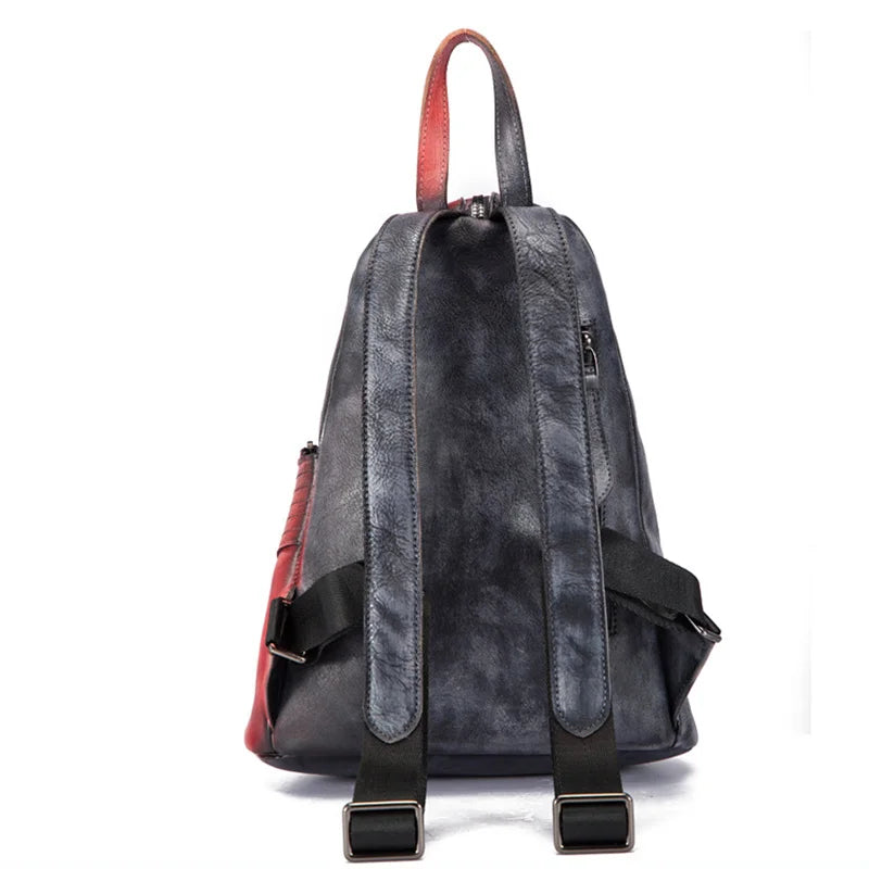 Genuine Leather Backpack Rucksack for Women School Book Bags Patchwork Brush Color Travel Bag Cowhide Fashion Daypack Knapsack