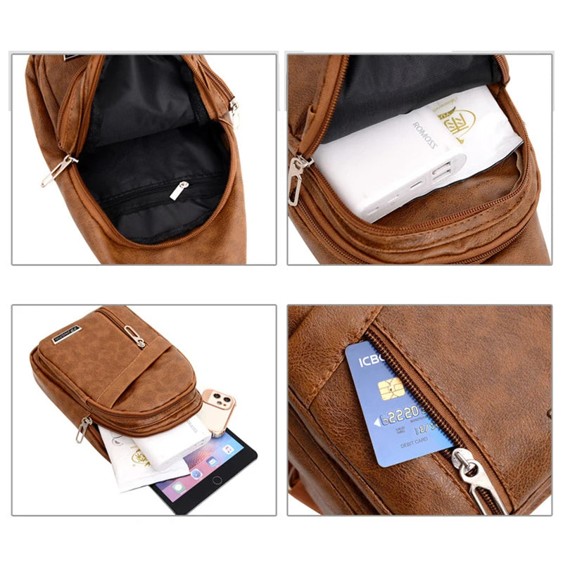 Small Backpack Fashionable Sports PU Leather Crossbody Shoulder Bag Headphone Hole Large Capacity Men's Chest Bags Package Case