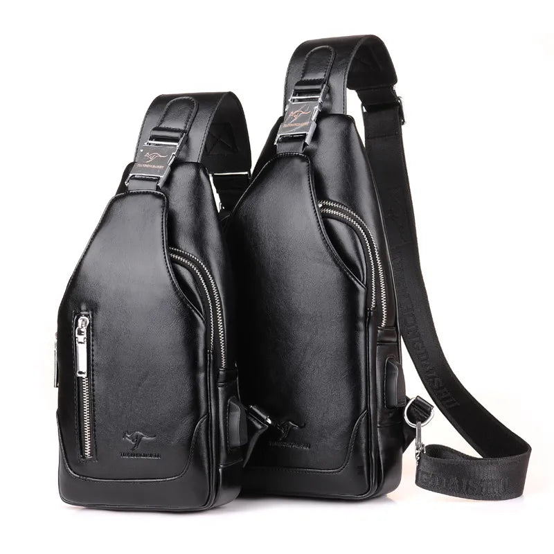 NEW Leisure Men's Chest Bag Business Shoulder Bag PU Leather Handbag with USB Charging Retro Leisure Travel Shoulder Bag