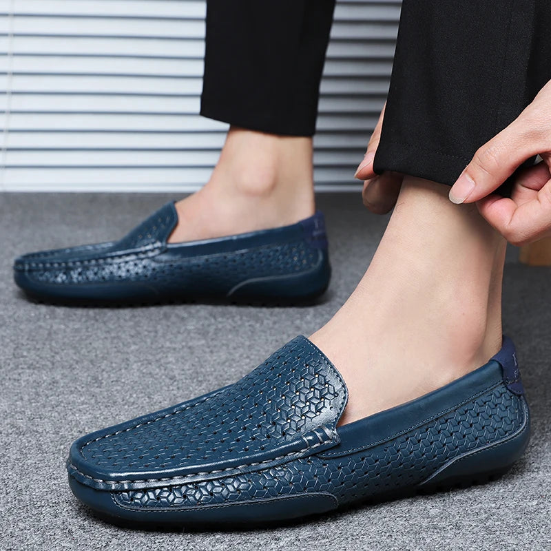 Summer Men Casual Shoes Luxury Brand Genuine Leather Mens Loafers Moccasins Hollow Out Breathable Slip on Driving Shoes