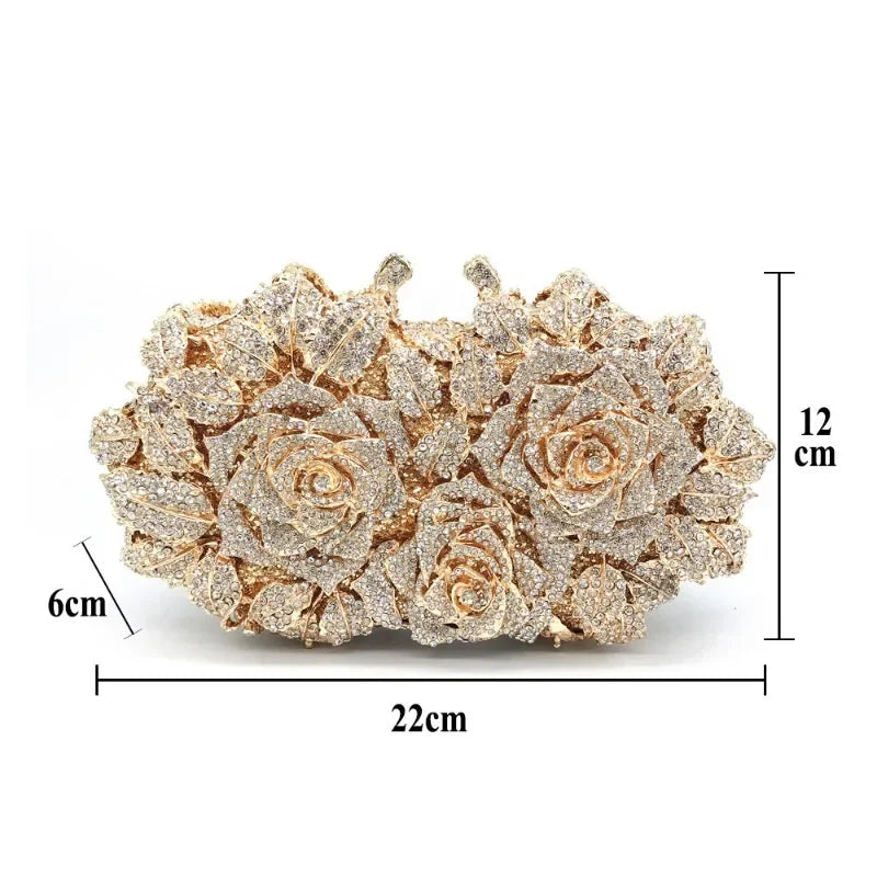 Witch Hollow Rose Party Evening Yearly Meeting Evening Bag Metal Frame Chain Handle Handmade Diamonds Clutch Shoulder Women Bag