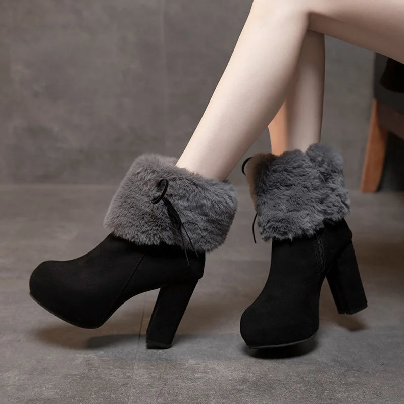 New Winter Women High Heels Shoes Warm Non-slip Block Cow Suede Warm Snow Boots Fashion Designer Crystal