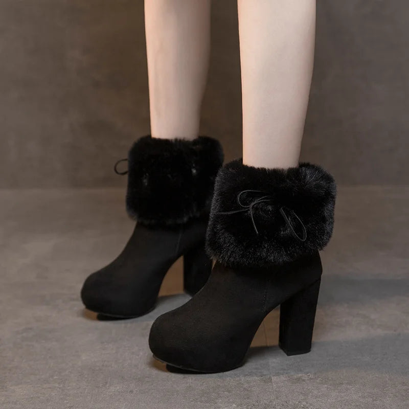 New Winter Women High Heels Shoes Warm Non-slip Block Cow Suede Warm Snow Boots Fashion Designer Crystal