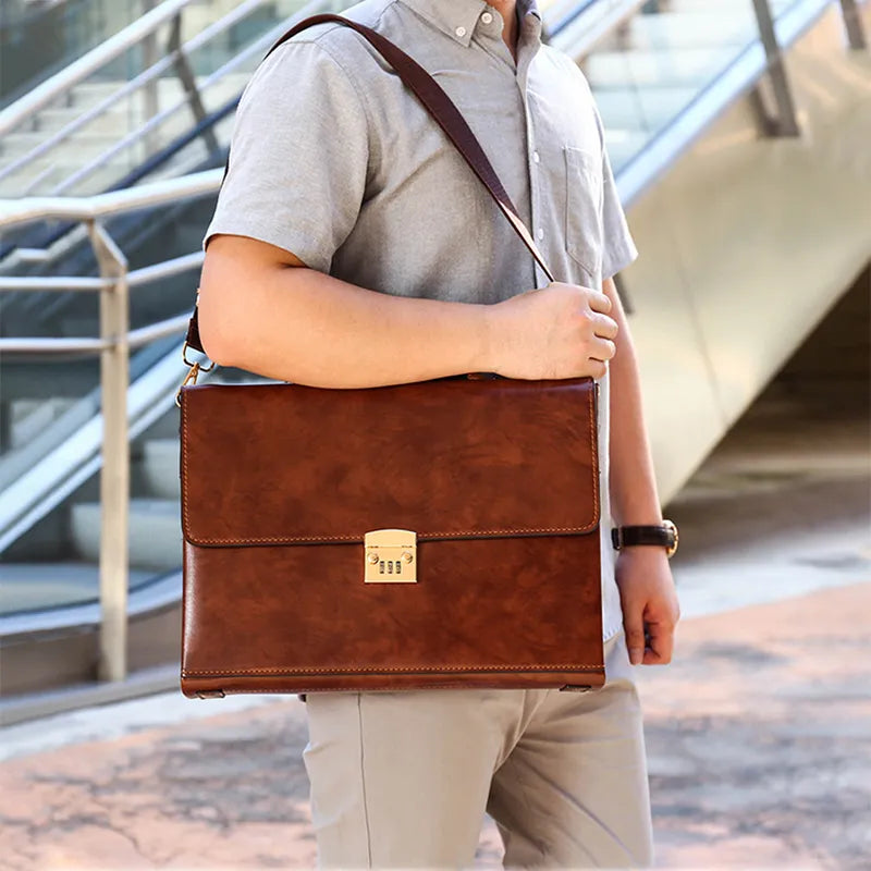 Luxury Leather Briefcases For Men Executive Business Office Notebook 16 Inch Laptop Handbag Shoulder Square Side Crossbody Bag