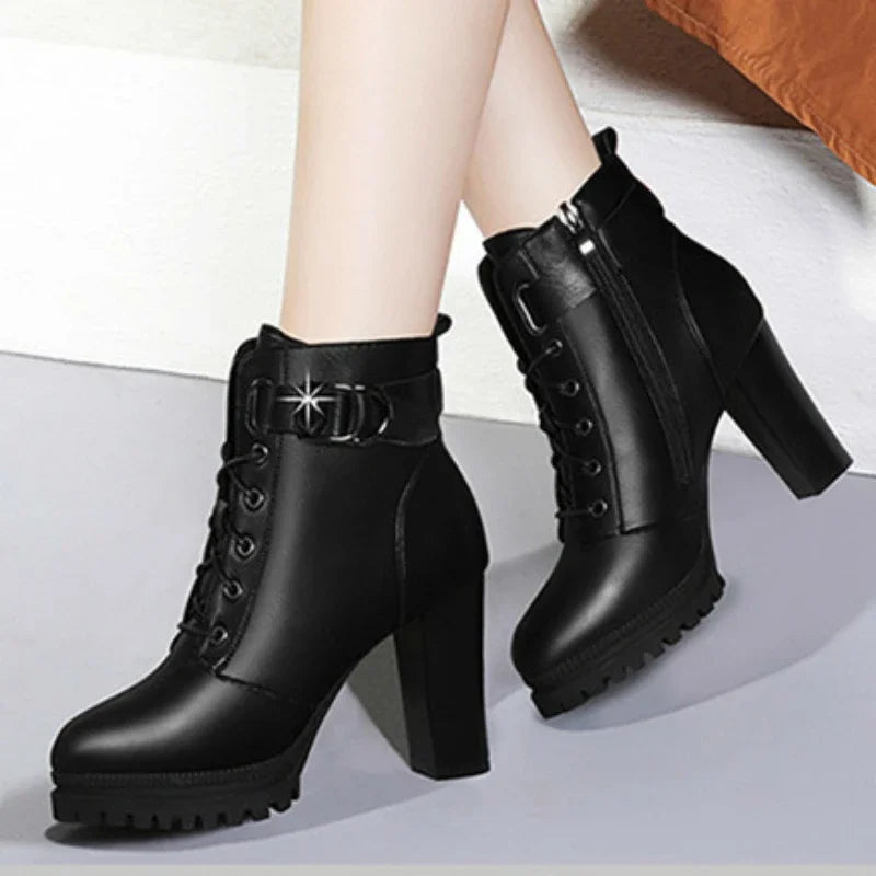 Autumn Women's Platform Shoes New Plus Velvet Chunky Heel Heeled Ankle Boots for Women Winter Keep Warm Ladies Short Boots