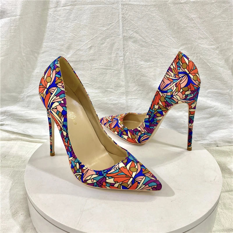 Ke Shang Jia Graphic Print Women Satin Pointy Toe High Heel Party Shoes Sexy Designer Floral Stiletto Pumps Large Size 33-45