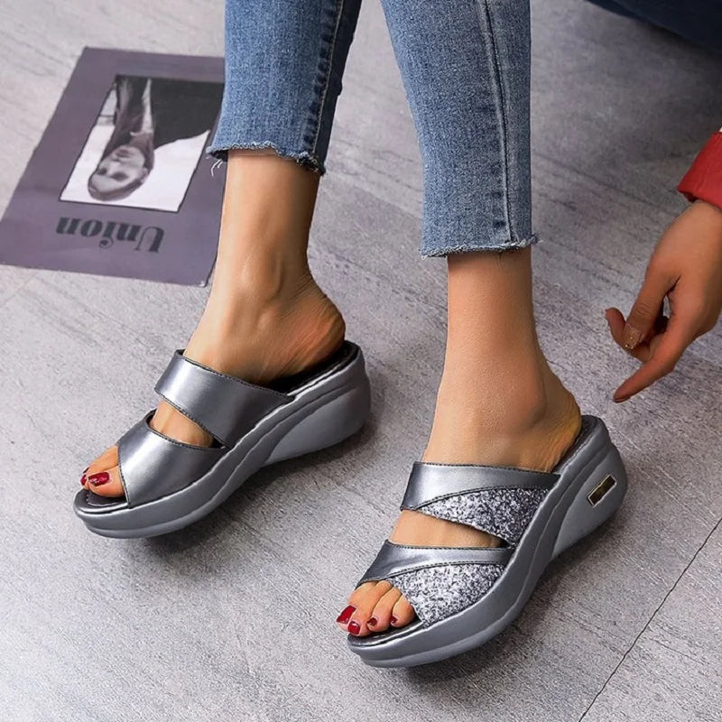 New Women Summer Slippers Ladies Glitter PU Wedges Shoes Female Casual Slingbacks Sandals Comfortable Platform Woman