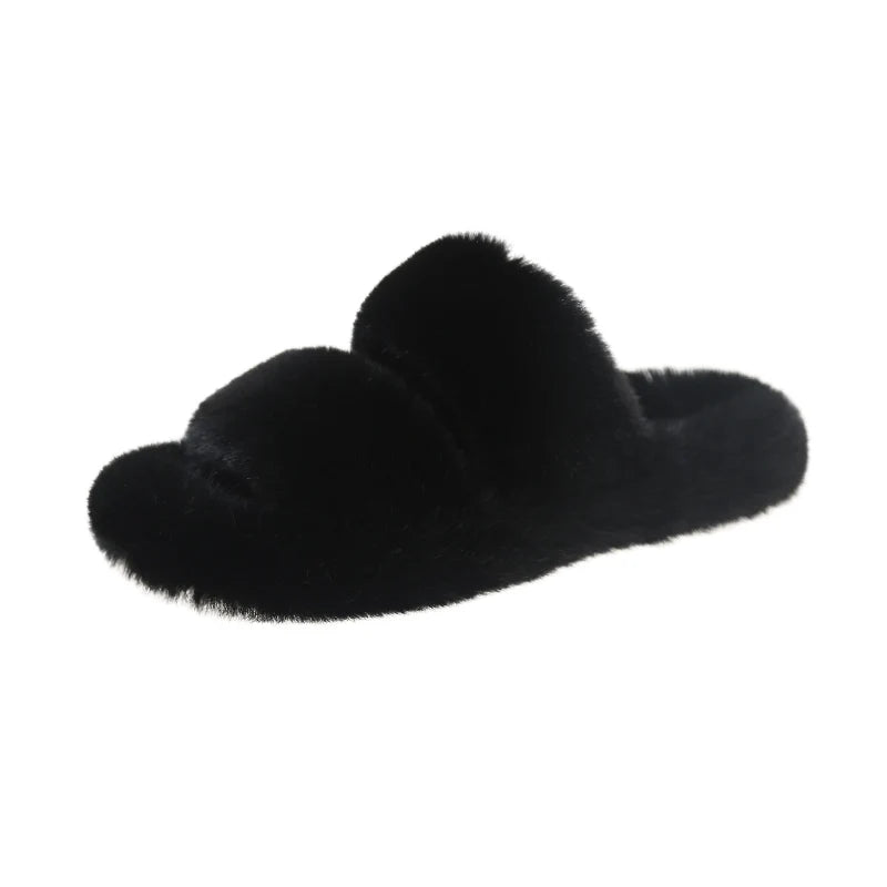 Winter Women House Furry Slippers Fashion Faux Fur Warm Shoes Slip On Flats Female Home Slides Black Plush Indoor