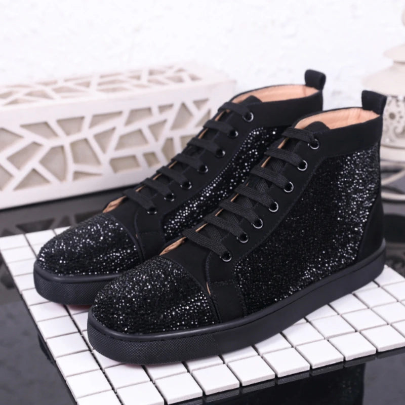 New red soled shoes rhinestone high-top CL men's shoes studs personality genuine leather women's shoes hot diamond lace