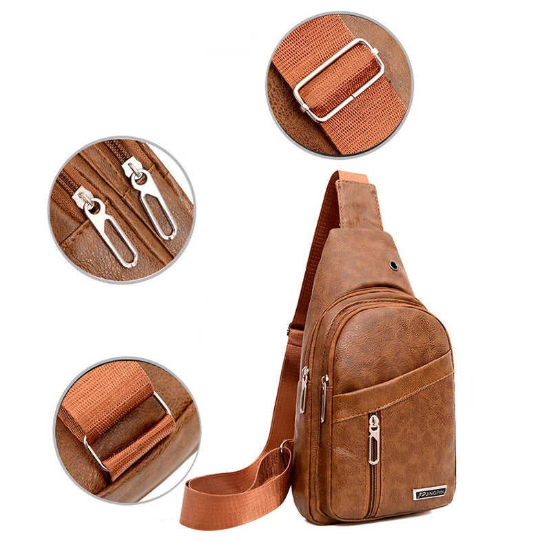 Small Backpack Fashionable Sports PU Leather Crossbody Shoulder Bag Headphone Hole Large Capacity Men's Chest Bags Package Case