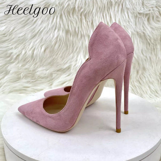 Heelgoo Pink Synthectic Suede Women Curl Cut Pointy Toe High Heel Shoes Elegant Comfortable Flock Stiletto Pumps 8cm 10cm 12cm