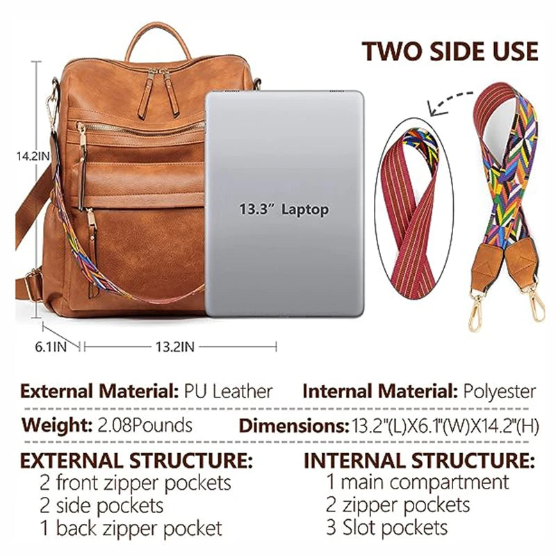 Women Backpack Purse Fashion Leather Designer Ladies Convertible Travel College Shoulder Bags with Colorful Strap