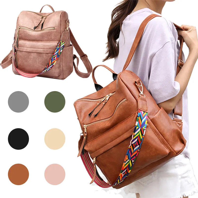 Women Backpack Purse Fashion Leather Designer Ladies Convertible Travel College Shoulder Bags with Colorful Strap