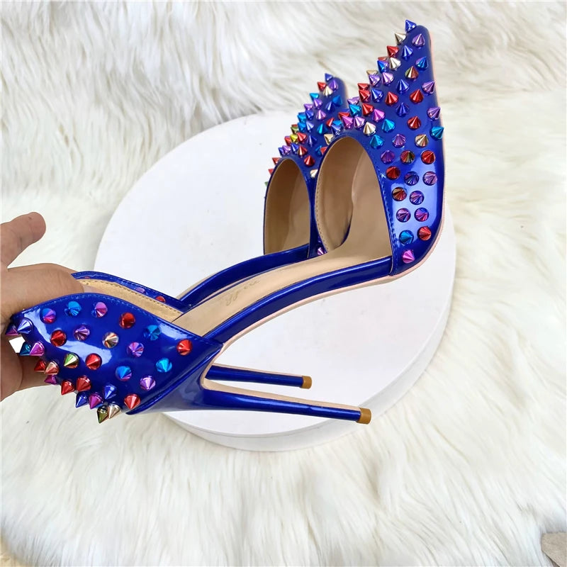 keshangjiaColored Rivets Women Pointy Toe Side Cut High Heel Shoes for Party Dress Sexy Ladies Evening Dress Stiletto Pumps33-46