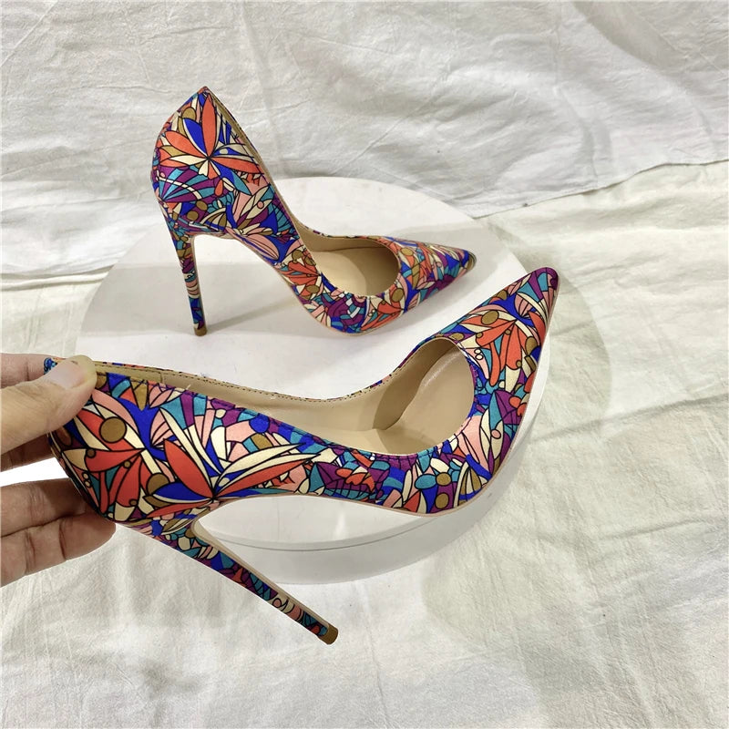 Ke Shang Jia Graphic Print Women Satin Pointy Toe High Heel Party Shoes Sexy Designer Floral Stiletto Pumps Large Size 33-45