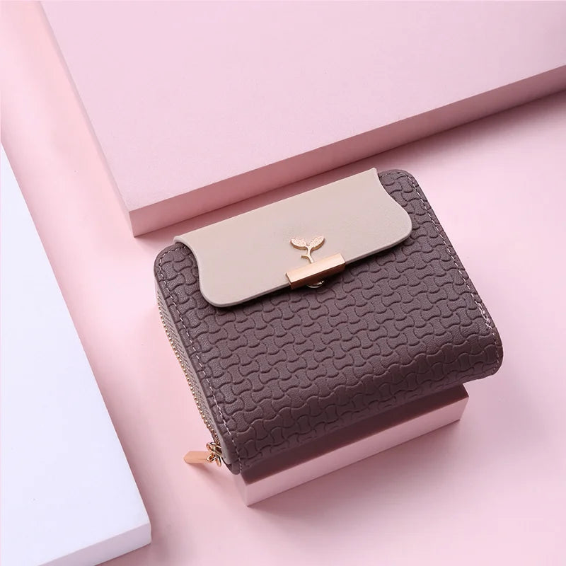 New Women Wallet Leaf Hasp Clutch Brand Designed Student Leather Mini Coin Purse Female Card Holder Money Bag