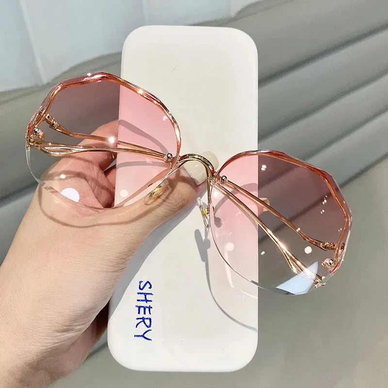 Luxury Round Gradient Sunglasses Women Metal Curved Temples Eyewear Ocean Rimless Fashion Sun Glasses Ladies UV400