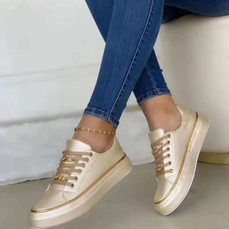 Women's Sneakers New Fashion Chain Leather Comfortable Round Toe Platform Sneakers Lace-up Walking Women's Vulcanized Shoes