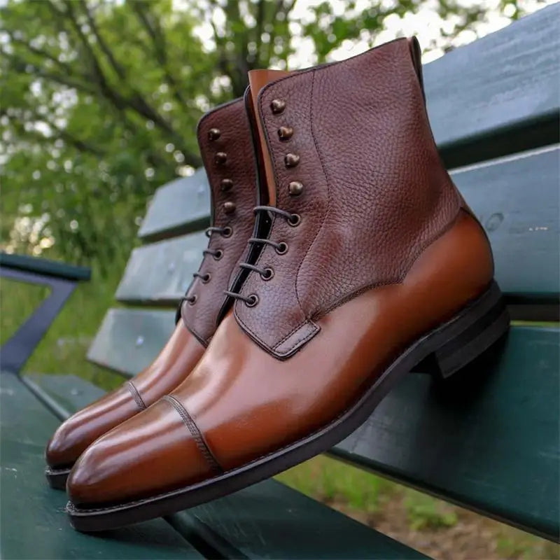 New Men Motorcycle Ankle Boots PU Color Matching Fashion Classic Retro Street Round Head Stitching Lace Casual Men Shoes CP037