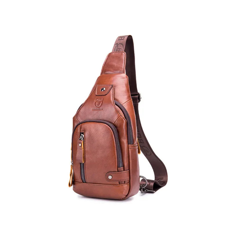 New 100% cowhide Leather Casual Fashion Crossbody Chest Bag men's leather bag USB Charging Travel Shoulder Bag Daypack Male