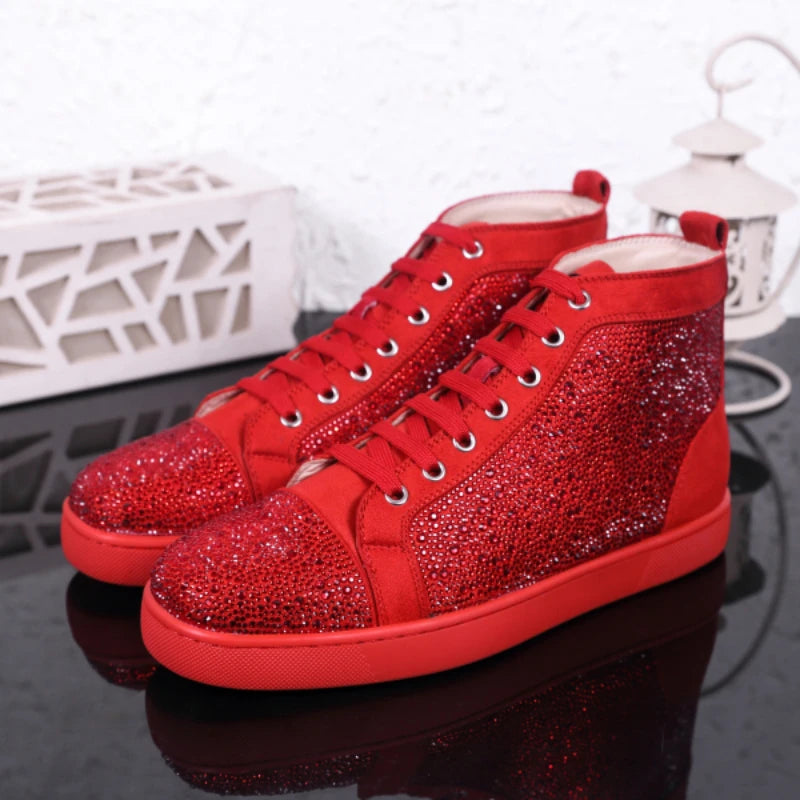 New red soled shoes rhinestone high-top CL men's shoes studs personality genuine leather women's shoes hot diamond lace