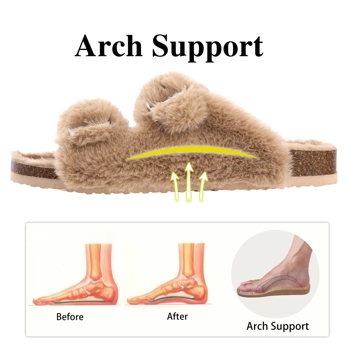 Shevalues Cork Footbed Plush Slippers For Women Winter Fur Furry Slippers Home Fluffy Slides With Arch Support Fuzzy Flip Flops