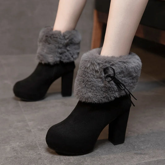 New Winter Women High Heels Shoes Warm Non-slip Block Cow Suede Warm Snow Boots Fashion Designer Crystal