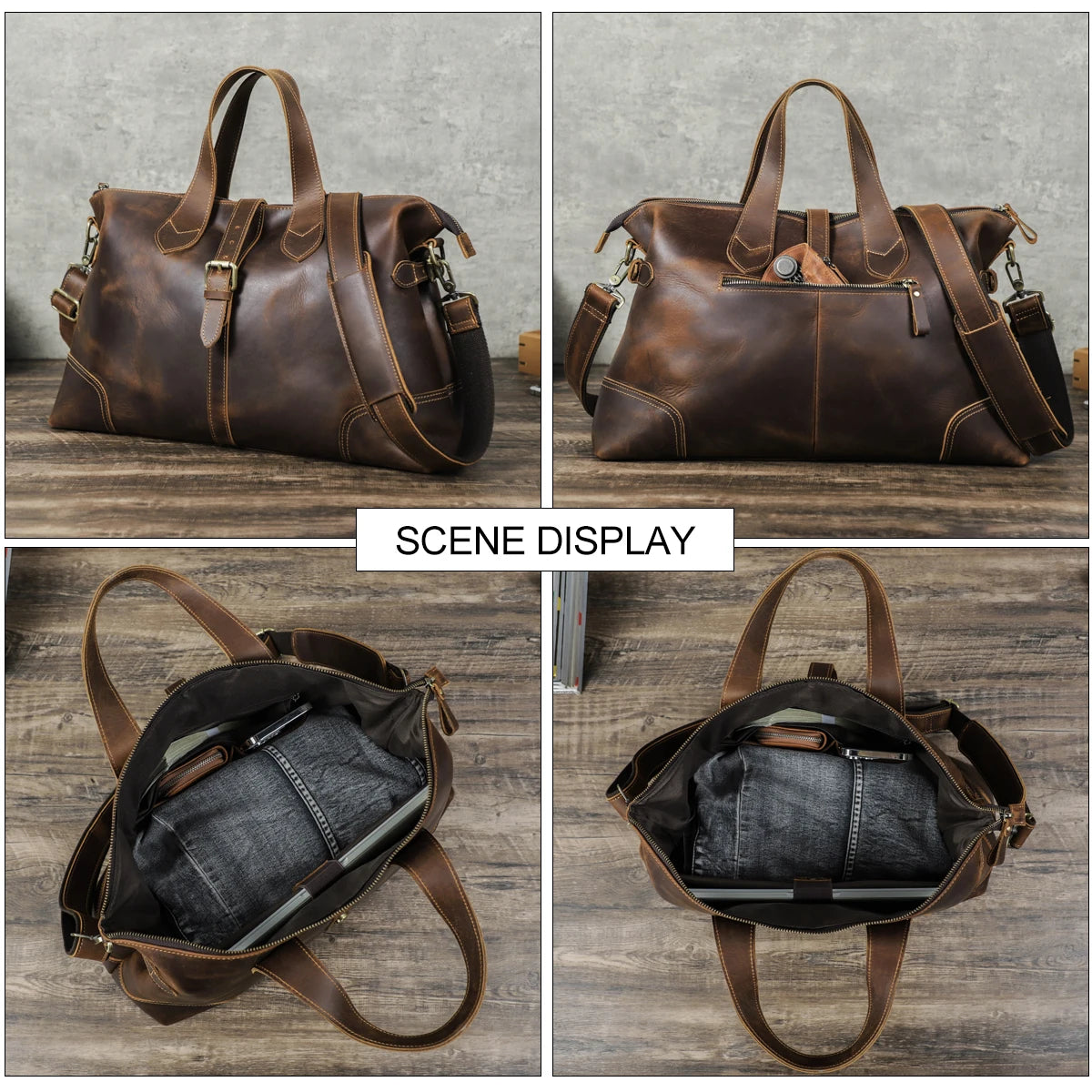 Contact's Men Crazy Horse Leather Travel Bag Multifunctional Business Casual Luggage Bag Large Capacity Vintage Tote Handbags