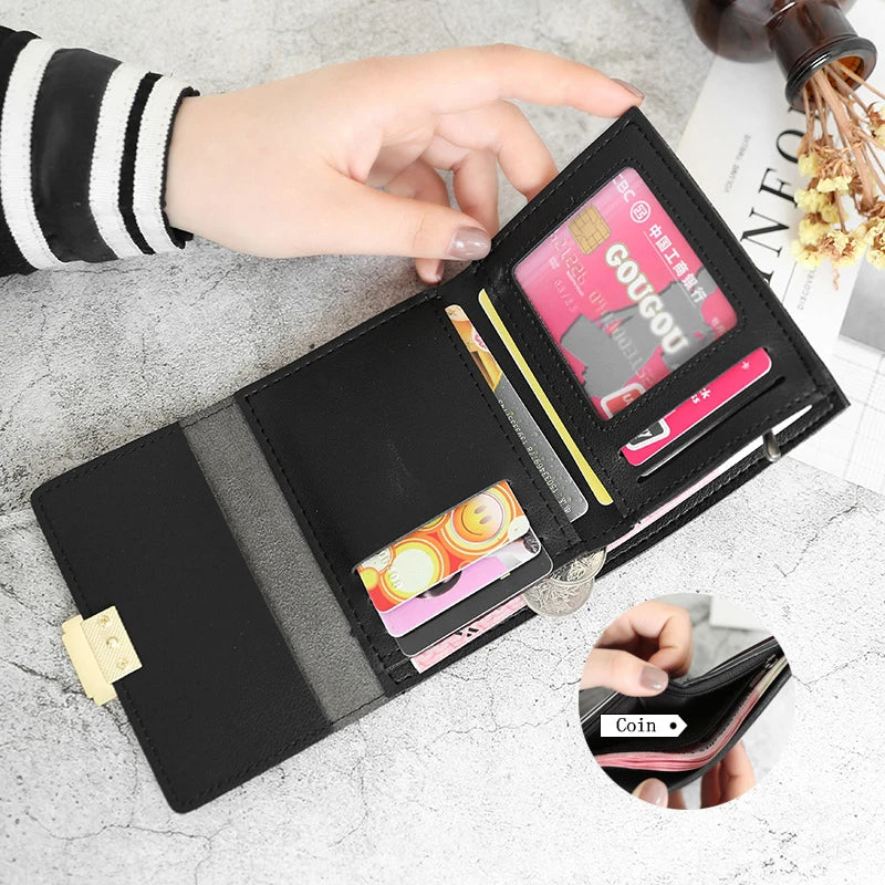 Patchwork Short Women's Wallet Fashion Square Clutch Money Credit Multiple Card Holders Metal Buckle Tri-Fold Ladies Coin Purse