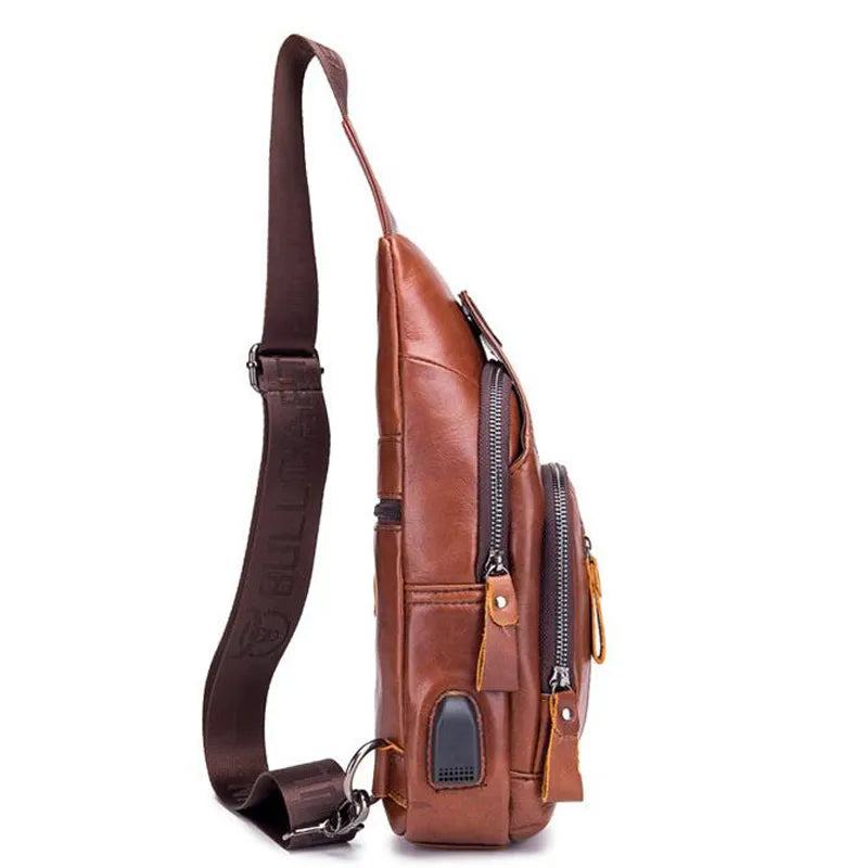 New 100% cowhide Leather Casual Fashion Crossbody Chest Bag men's leather bag USB Charging Travel Shoulder Bag Daypack Male