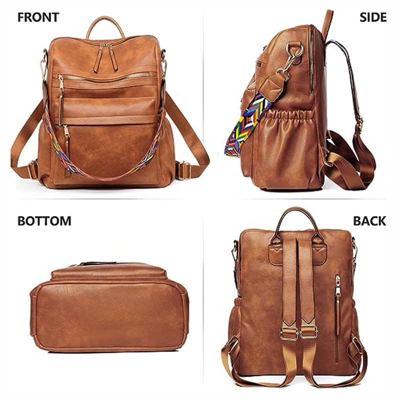 Women Backpack Purse Fashion Leather Designer Ladies Convertible Travel College Shoulder Bags with Colorful Strap