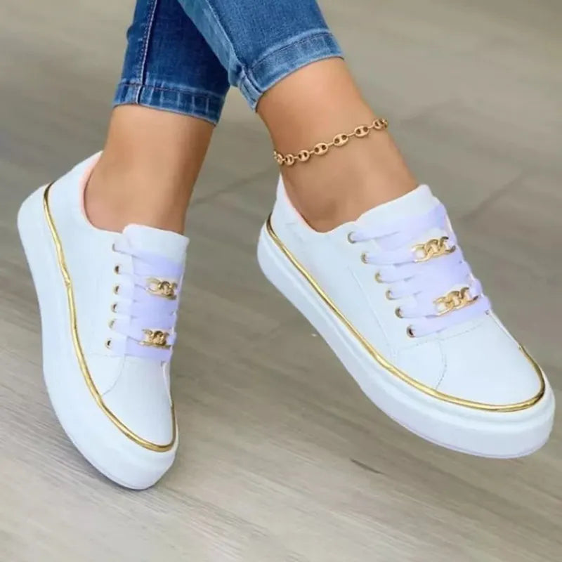 Women's Sneakers New Fashion Chain Leather Comfortable Round Toe Platform Sneakers Lace-up Walking Women's Vulcanized Shoes