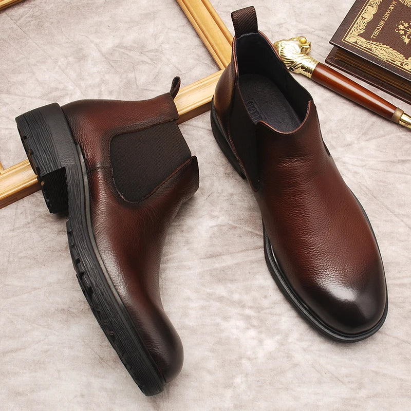 Genuine Leather Autumn Men's Ankle Boots Black Brown Slip On Casual Dress Man Boots Italian Formal Chelsea Boots For Men Shoe