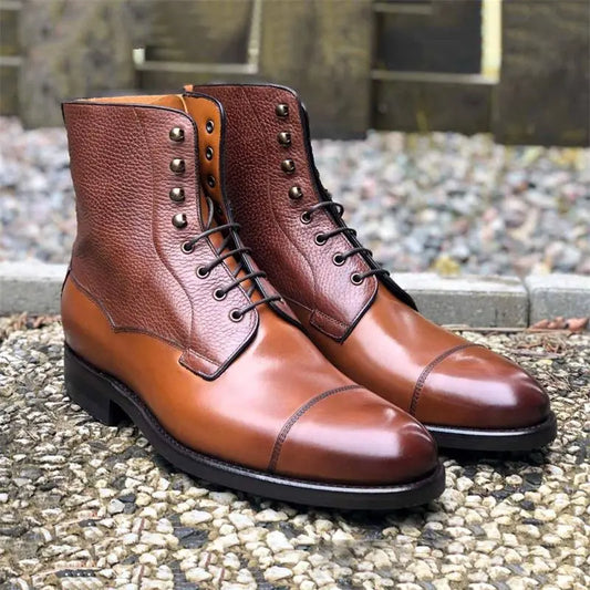 New Men Motorcycle Ankle Boots PU Color Matching Fashion Classic Retro Street Round Head Stitching Lace Casual Men Shoes CP037