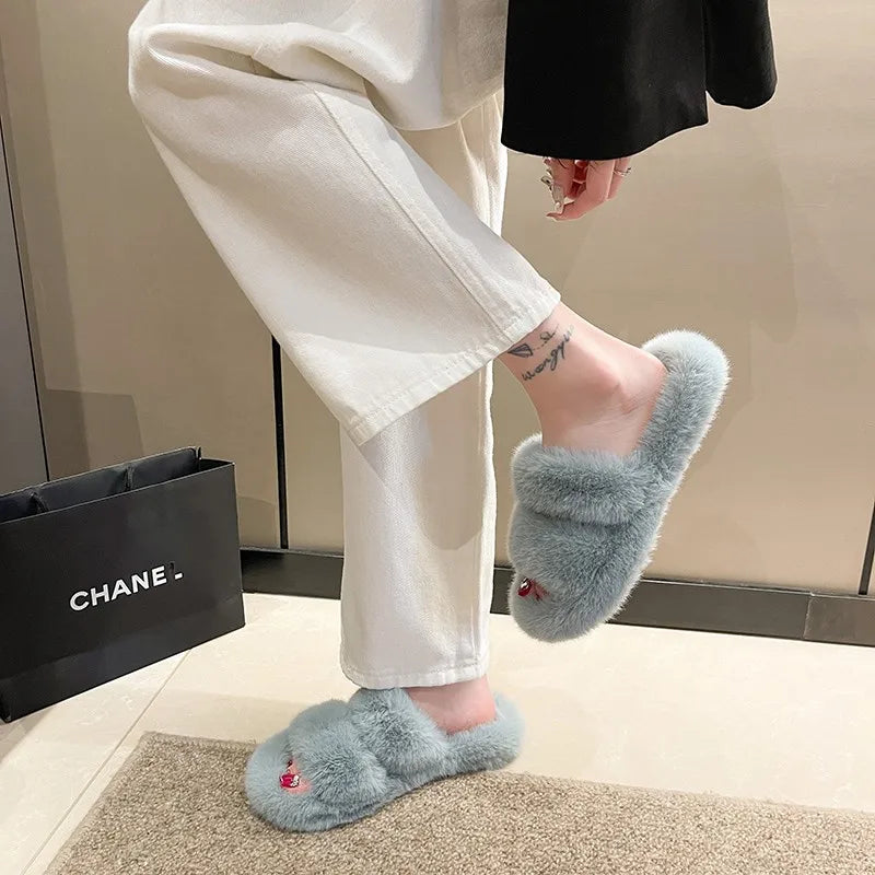 Winter Women House Furry Slippers Fashion Faux Fur Warm Shoes Slip On Flats Female Home Slides Black Plush Indoor