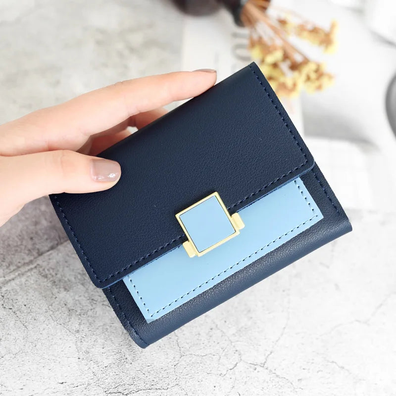 Patchwork Short Women's Wallet Fashion Square Clutch Money Credit Multiple Card Holders Metal Buckle Tri-Fold Ladies Coin Purse