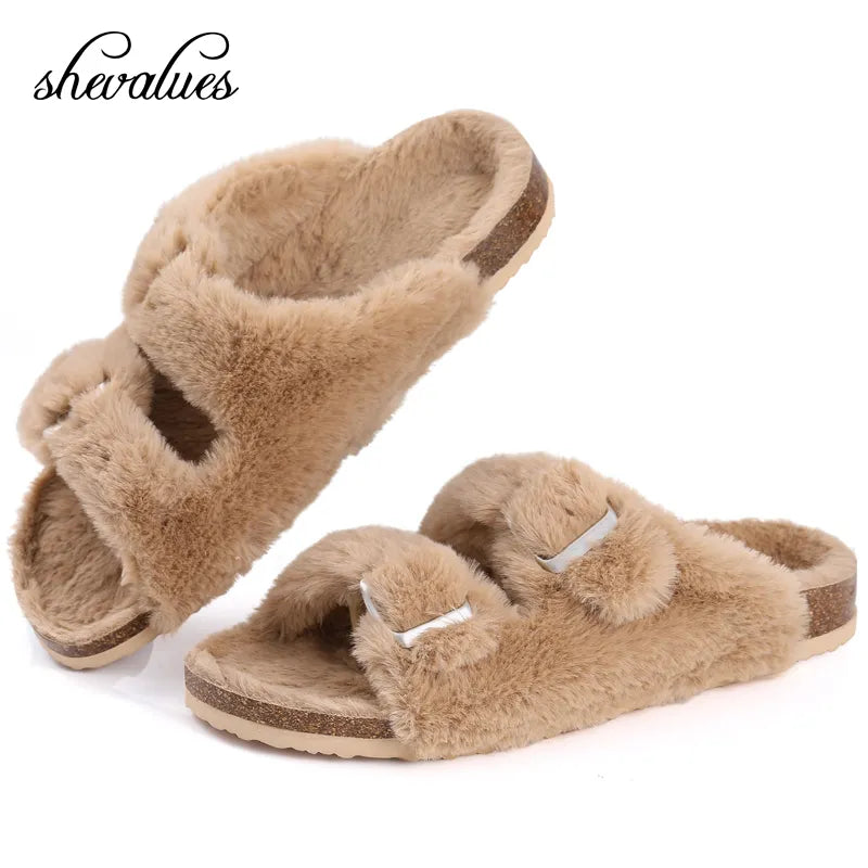 Shevalues Cork Footbed Plush Slippers For Women Winter Fur Furry Slippers Home Fluffy Slides With Arch Support Fuzzy Flip Flops