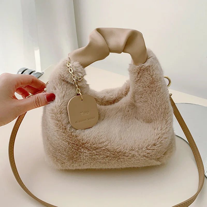 Women Faux Fur Handbags Zipper Small Lady Shoulder Bag Casual Tote Half-Moon Hobos Winder Crossbody Shopping Bag For Traveling