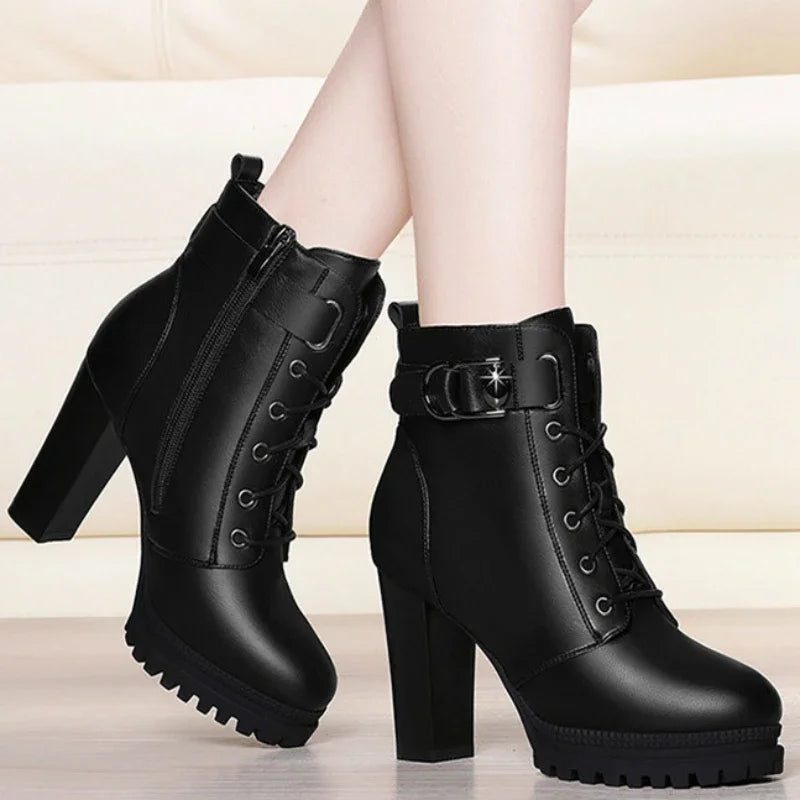 Autumn Women's Platform Shoes New Plus Velvet Chunky Heel Heeled Ankle Boots for Women Winter Keep Warm Ladies Short Boots