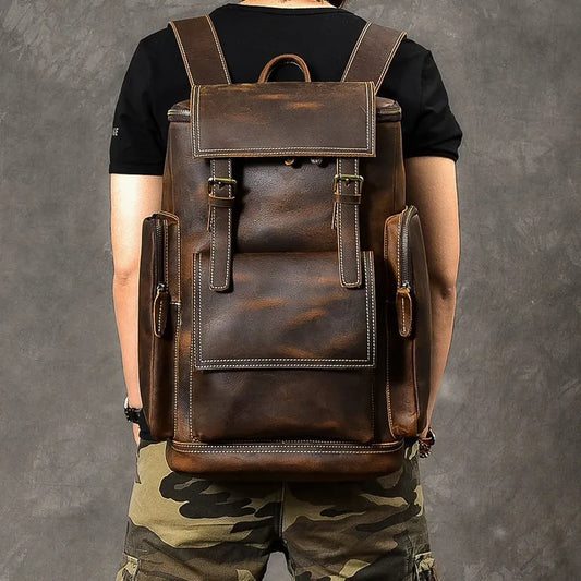 Vintage Crazy Horse Genuine Leather Backpack Men Leather Bagpack Climbing Rucksack male Large Hiking Backpack M814