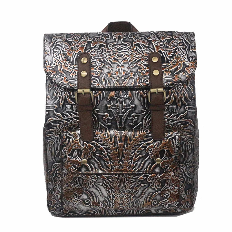 New Embossed Leather Backpack Genuine Leather Women Rucksack Vintage Trend Shool Satchel Laptop Bag Daypack Travel Knapsack