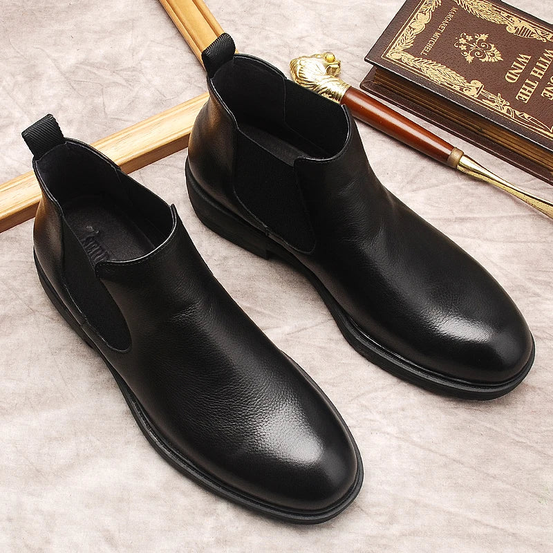 Genuine Leather Autumn Men's Ankle Boots Black Brown Slip On Casual Dress Man Boots Italian Formal Chelsea Boots For Men Shoe