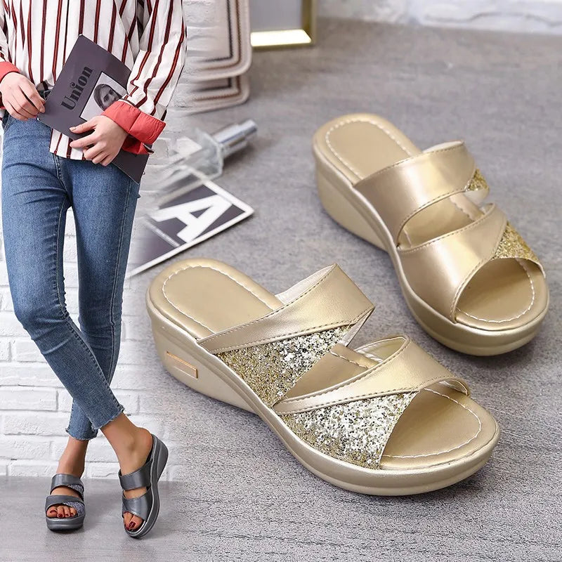 New Women Summer Slippers Ladies Glitter PU Wedges Shoes Female Casual Slingbacks Sandals Comfortable Platform Woman