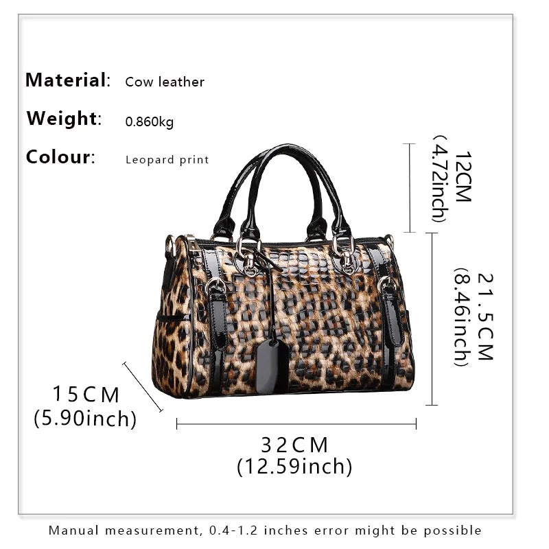 Advanced high-feeling Boston pure cow leather women's cow leather bag New bag Leopard pattern portable diagonal bag Large capaci