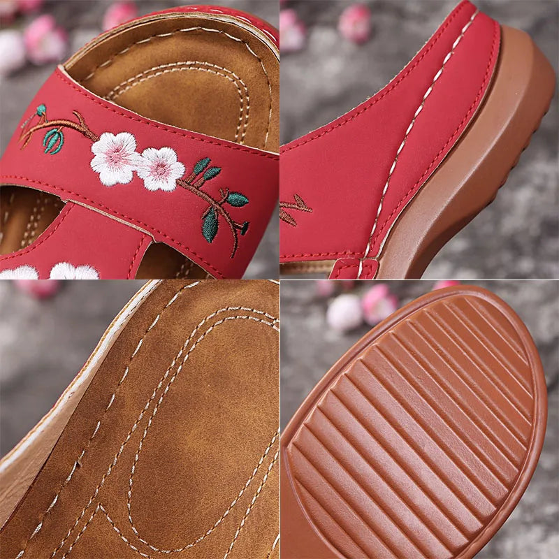 Women Slippers Embroider Flowers Leather Woman Sandals Outdoor Light Casual Wedges Slippers Slip on Summer Shoes for Women