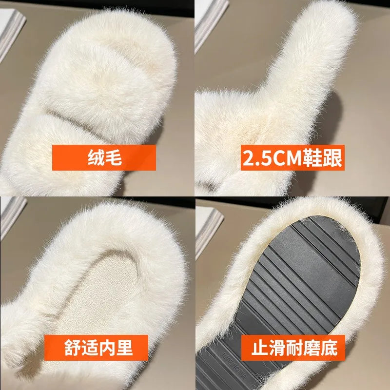 Winter Women House Furry Slippers Fashion Faux Fur Warm Shoes Slip On Flats Female Home Slides Black Plush Indoor