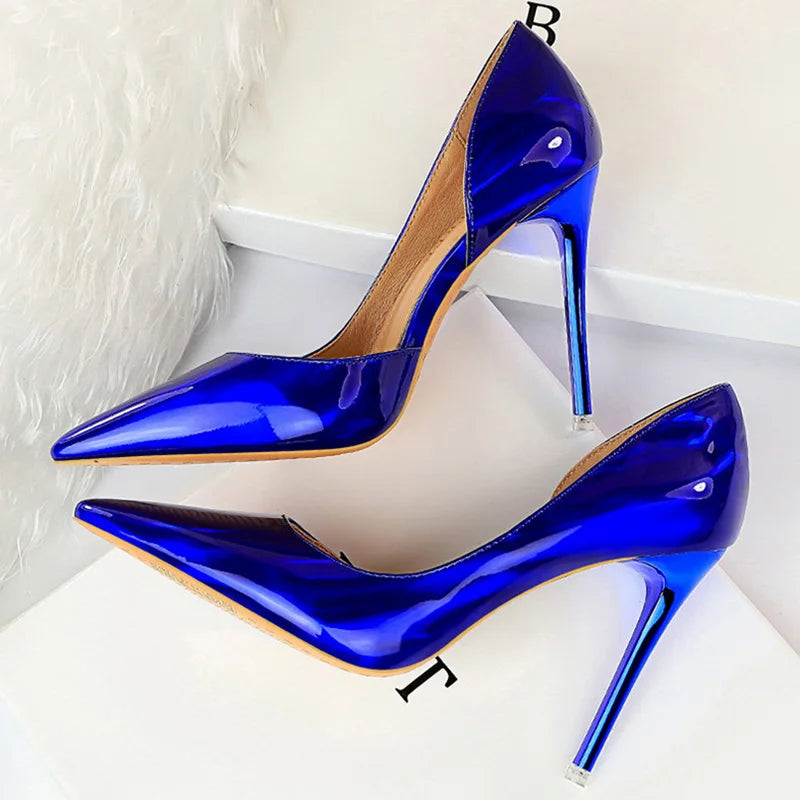 New Women 10.5cm High Heels Scarpins Pumps Lady Neon Green Blue Fetish Wedding Bridal Heels Metallic Silver Leather Prom Shoes