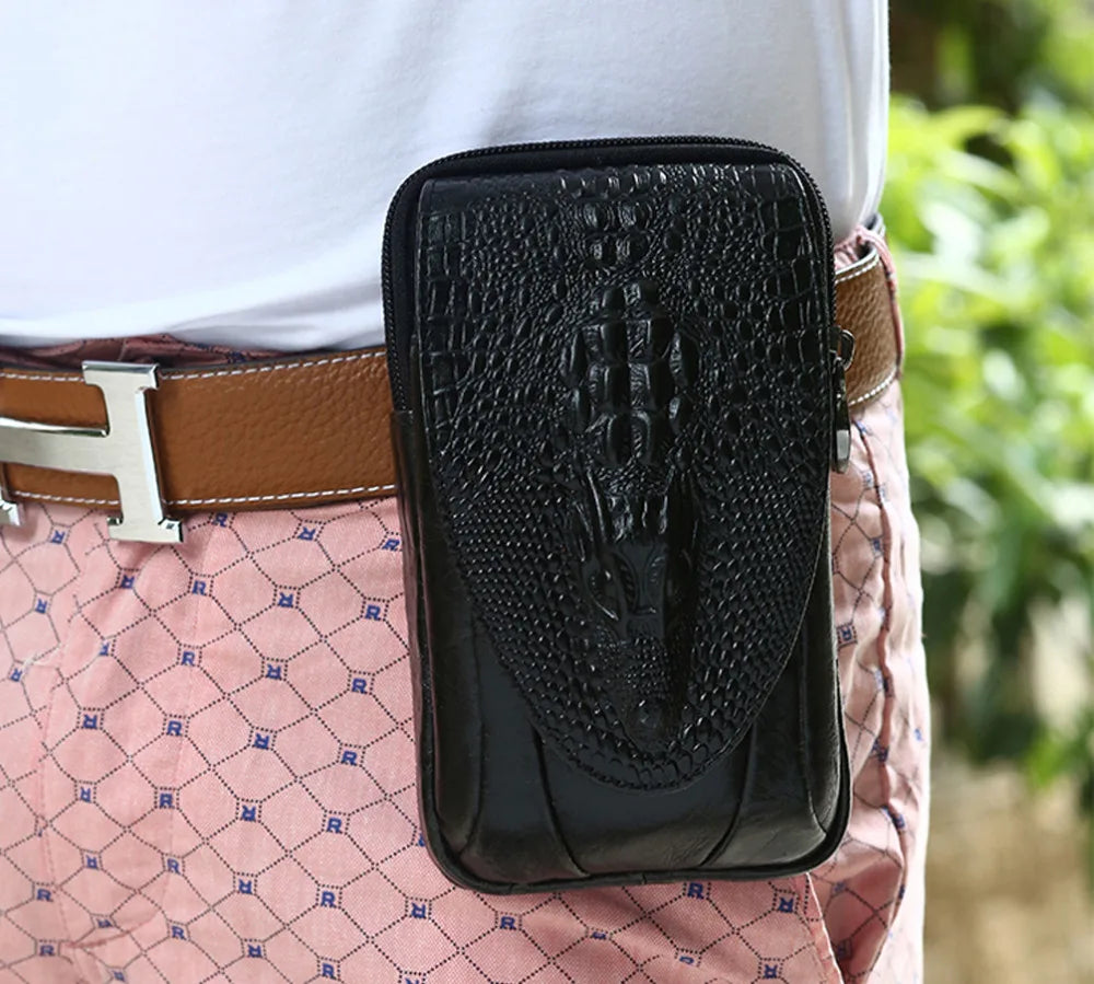 Men Waist Fanny Pack Bag Cell/Mobile Phone Case Cover Genuine Leather Crocodile Grain Vintage Male Hip Bum Belt Bags