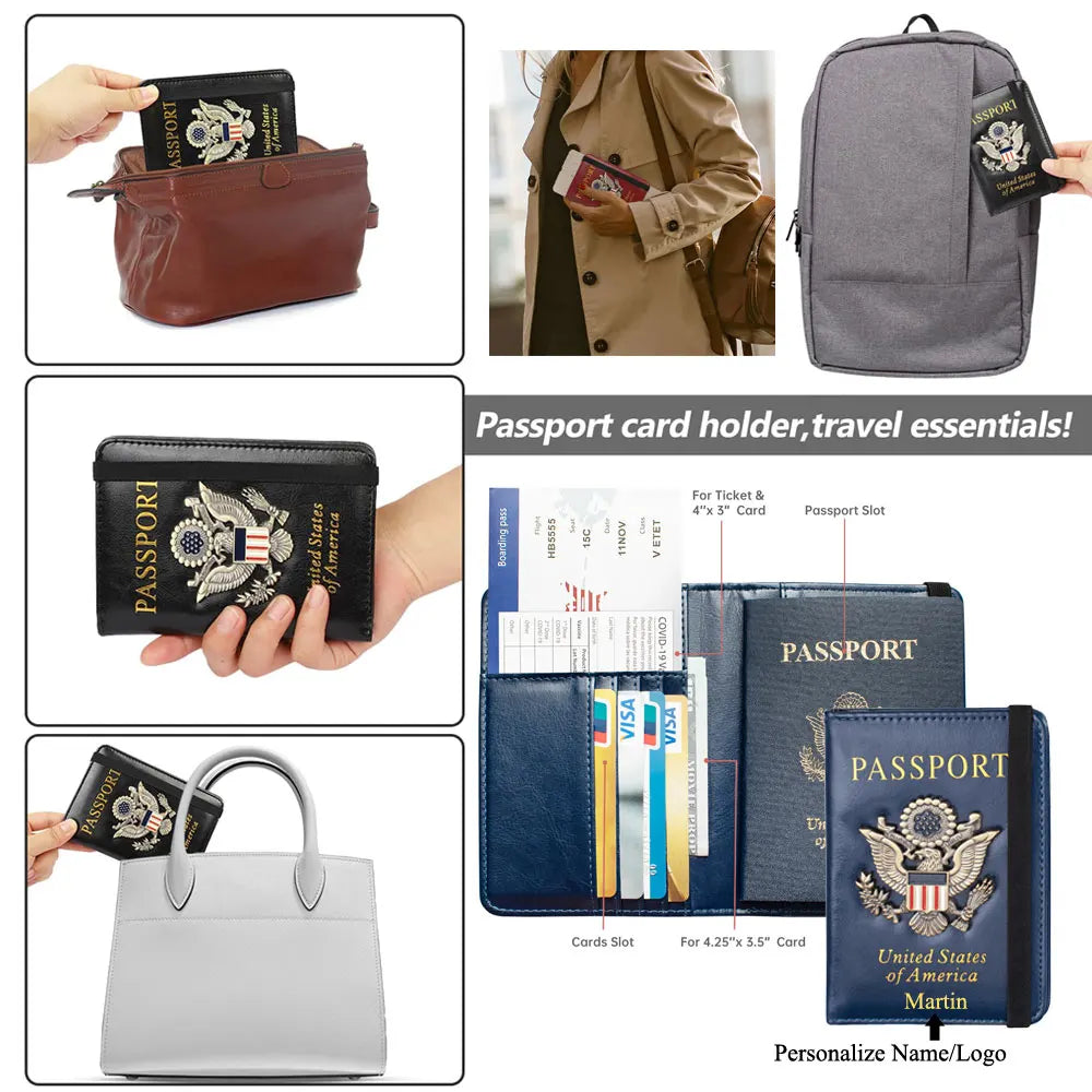 Personalize Passport Holder Cover Card Slot Combo RFID Blocking Leather Travel Passport Cover Luxuy Wallet Customized Name