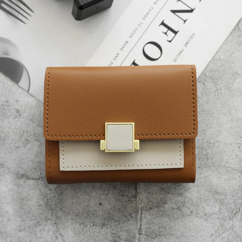 Patchwork Short Women's Wallet Fashion Square Clutch Money Credit Multiple Card Holders Metal Buckle Tri-Fold Ladies Coin Purse